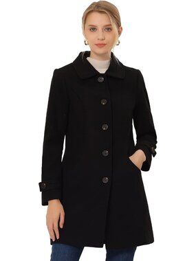 Women's Black Winter Overcoat Peter Pan Collar Single Breasted Pea Coat A-Line